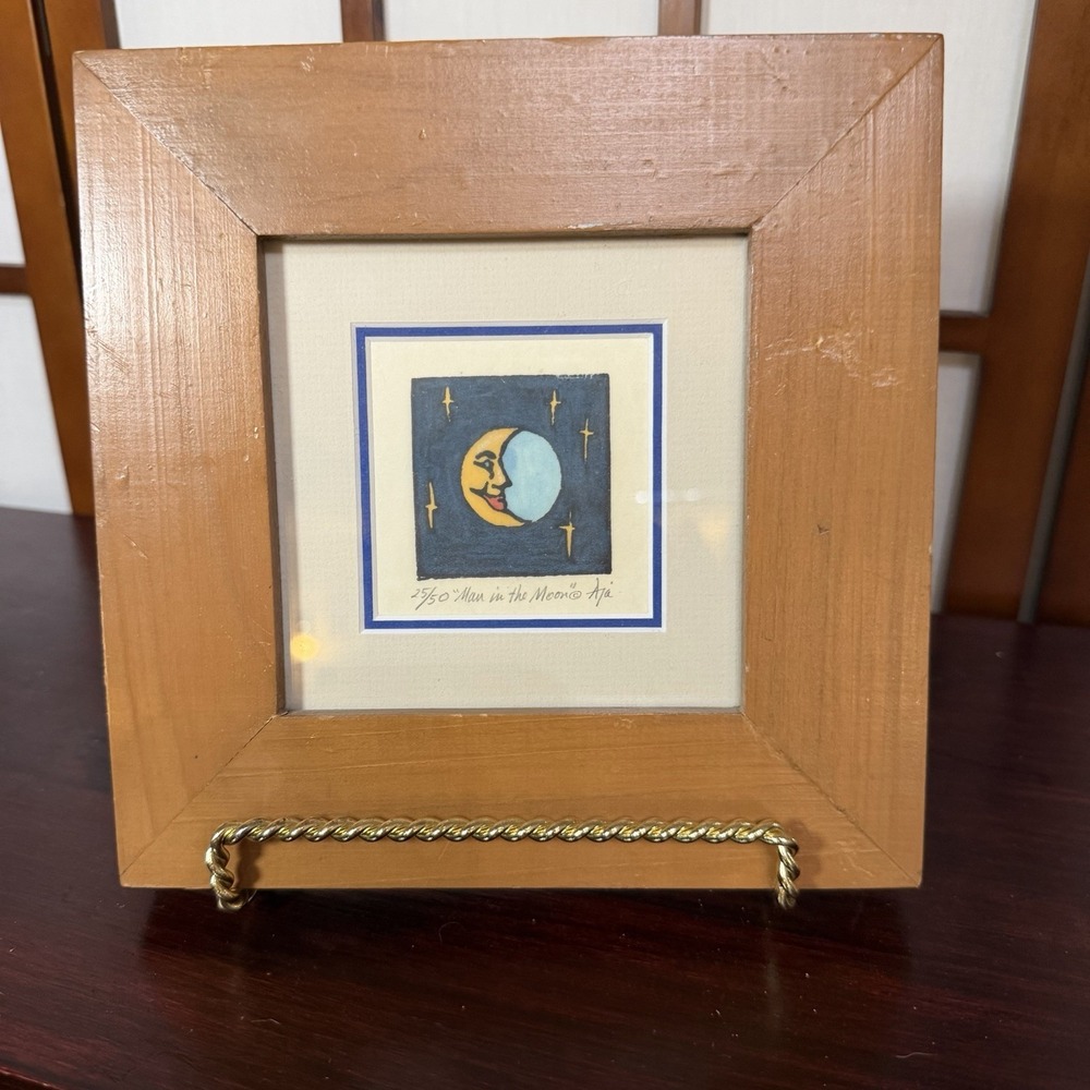Celestial Square Wooden Framed Wall Art Hemp Fiber Man in The Moon Aja 8X8